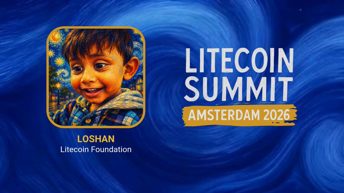 The image features a poster for the Litecoin Summit that includes a photo of a young boy with brown hair wearing a blue jacket, smiling at the camera. The background of the poster has a blue color scheme, which complements the boy's outfit. The text on the poster announces "Loshan, Litecoin Foundation" and mentions an event happening in Amsterdam in June.