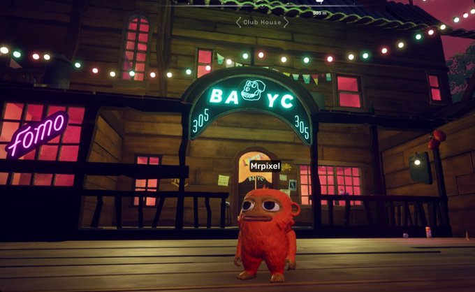 A screenshot from a video game (looks like Highrise or a similar Roblox-style environment) showing a small orange creature labeled 'Mrpixel' standing in front of a wooden clubhouse lit up with neon signs reading 'BA YC' and 'Fomo'.