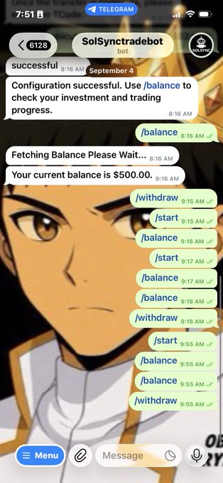 A Telegram chat screenshot with 'SolSynctraderbot' showing a successful configuration message and a current balance of $500.00, with repeated commands like /balance, /withdraw, and /start, set against a Yu-Gi-Oh! themed background.