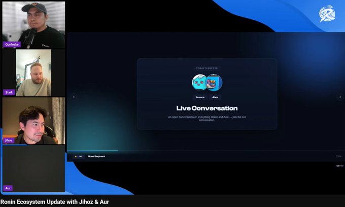 A screenshot of a live video podcast or stream titled 'Live Conversation' featuring hosts Quindoc, Zack, and Jhox on the left side, with the Ronin Ecosystem logo in the top right.