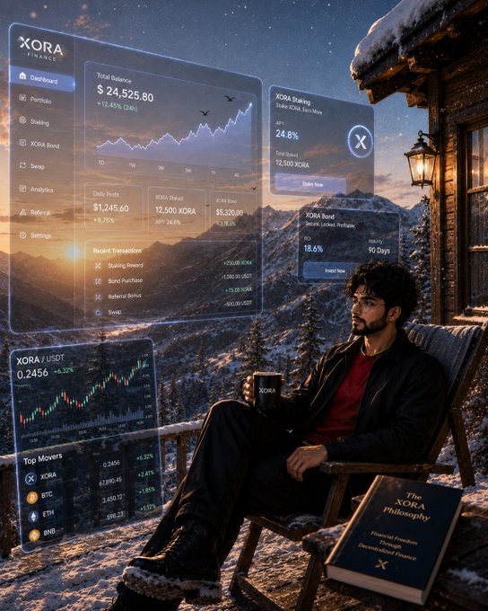 A man relaxes on a snowy mountain balcony holding a "XORA" mug, surrounded by floating holographic XORA Finance dashboards displaying a $24,525.80 total balance (+12.45% 24H), XORA Staking (24.8%), XORA Bond (18.6%), XORA/USDT trading at 0.2456, and a book titled "The XORA Philosophy." The image visualizes the post's theme of XORA Finance's DeFi platform, highlighting its staking, bonding, and trading features in an aspirational "future of finance" setting.