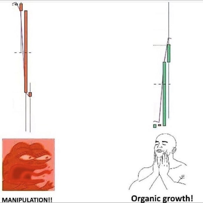 The image shows a side-by-side candlestick chart comparison: the left panel features red candles labeled "MANIPULATION!!" with a Pepe the Frog meme looking skeptical, while the right panel shows green candles labeled "Organic growth!" with a Wojak meme character smiling contentedly. The post's comment "Makes sense" suggests agreement that price action from price manipulation is unsightly and chaotic, while organic price growth is more appealing and sustainable to traders.