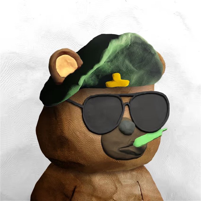 A 3D-rendered brown bear wearing a green military-style beret, black sunglasses, and holding a green object in its mouth.