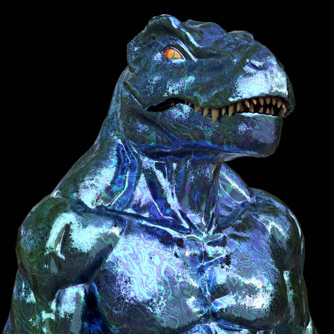 A muscular, anthropomorphic T-Rex figure is rendered with striking iridescent blue, green, and purple skin featuring a wavy, liquid-like pattern against a black background, showcasing the unique NFT art from @TribeCalledRex as hyped by @gary_doge and @NoCredits_.