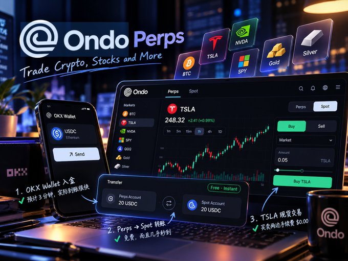 A promotional graphic for 'Ondo Perps' with the tagline 'Trade Crypto, Stocks and More', showing trading interfaces for assets like TSLA, BTC, NVDA, SPY, Gold, and Silver, along with an OKX Wallet.