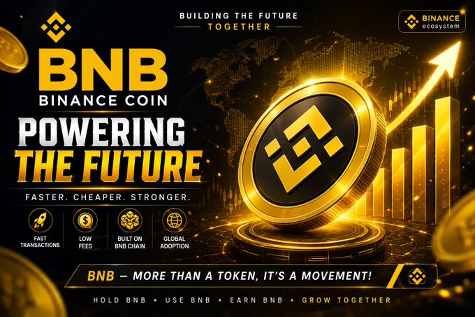 A promotional graphic for BNB (Binance Coin) titled 'POWERING THE FUTURE,' featuring a gold coin logo, a rising bar chart with an upward arrow, and the tagline 'BNB – MORE THAN A TOKEN, IT'S A MOVEMENT!' alongside the Binance Ecosystem logo.