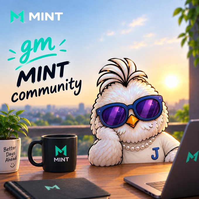 A digital illustration shows an alpaca wearing purple sunglasses with a laptop, a 'MINT' branded coffee mug, and the text 'gm MINT community' on a sunny cityscape background.