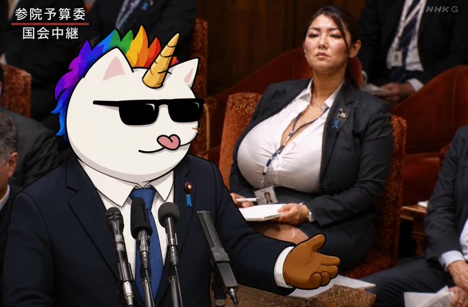 A digitally edited image shows the Japanese parliament with one seat occupied by an anime-style figure with a cartoon unicorn head wearing sunglasses and a suit, broadcasting on NHK G.
