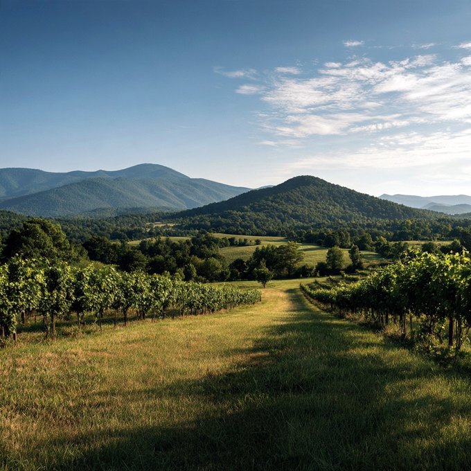 A scenic landscape photograph of a vineyard with rows of grapevines in the foreground, green fields, and forested mountains under a blue sky with wispy clouds.