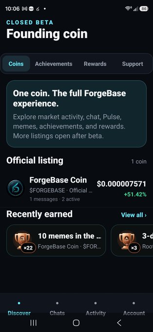 Screenshot of a mobile app called 'Founding coin' showing the ForgeBase Coin ($FORGEBASE) with a price of $0.000007571 and a +51.42% gain.