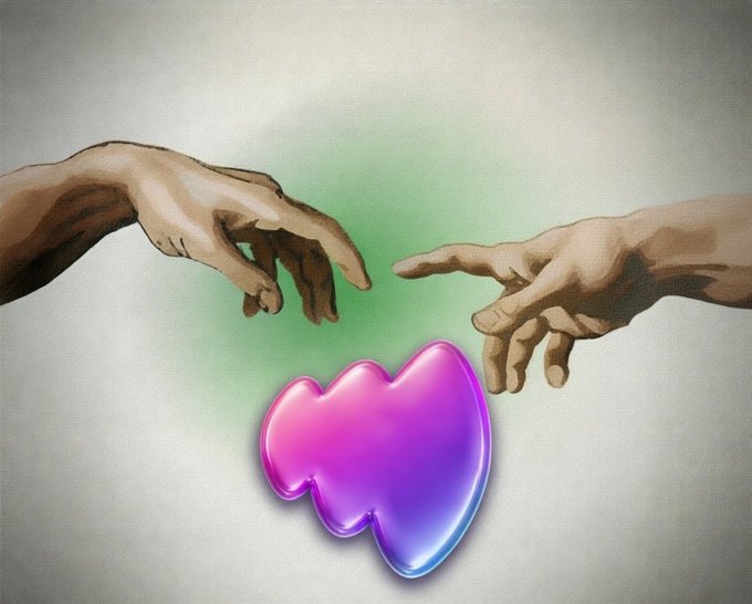 An artistic rendering of two hands reaching towards each other, similar to Michelangelo's 'Creation of Adam', but with a glossy pink and purple squiggly heart shape in the space between them.