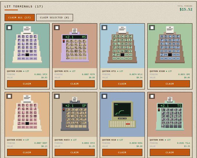 A screenshot of a 'LIT TERMINALS' interface showing 17 retro-style computer terminal pixel art items available to claim, with a total pending value of $15.52.