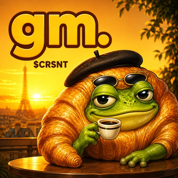 A digital artwork depicting a green frog wearing sunglasses and a beret, wrapped in a croissant like a blanket, sipping coffee at a table overlooking the Eiffel Tower at sunset, with 'gm.' and '$CRSNT' text.