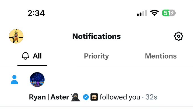 A mobile phone screenshot showing a Twitter/X Notifications page at 2:34 with a notification from 'Ryan | Aster' that 'followed you • 32s' with a verified checkmark.