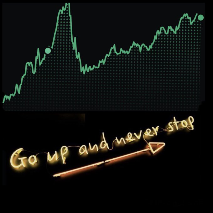 A green line chart showing a volatile price trend with significant peaks and dips appears above a neon sign reading "Go up and never stop" with an upward arrow. The image visually reinforces the bullish sentiment for $XRP expressed in the post, pairing market movement with an optimistic motivational message about price growth.