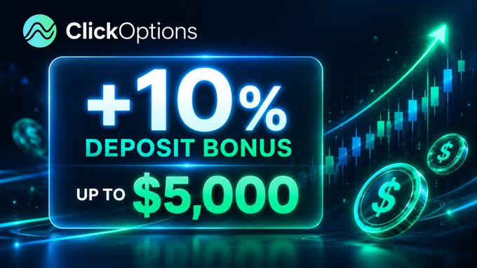 A promotional graphic for ClickOptions advertising a '+10% DEPOSIT BONUS UP TO $5,000' over a background of glowing trading charts and dollar coins.