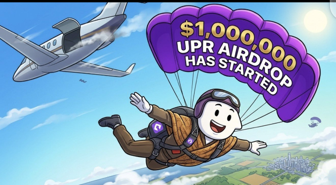 A cartoon parachutist descending with a purple parachute reading '$1,000,000 UPR AIRDROP HAS STARTED', with a small airplane flying nearby and a town visible below.