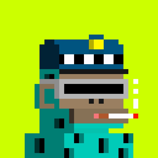 A pixel art character wearing a blue police-style hat, goggles, and a gas mask while smoking a cigarette, set against a bright green background.
