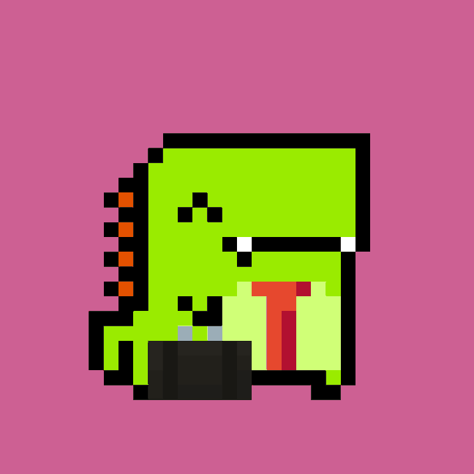 A pixel art illustration of a green zombie-like character with red eyes and exposed red insides, set against a pink background.