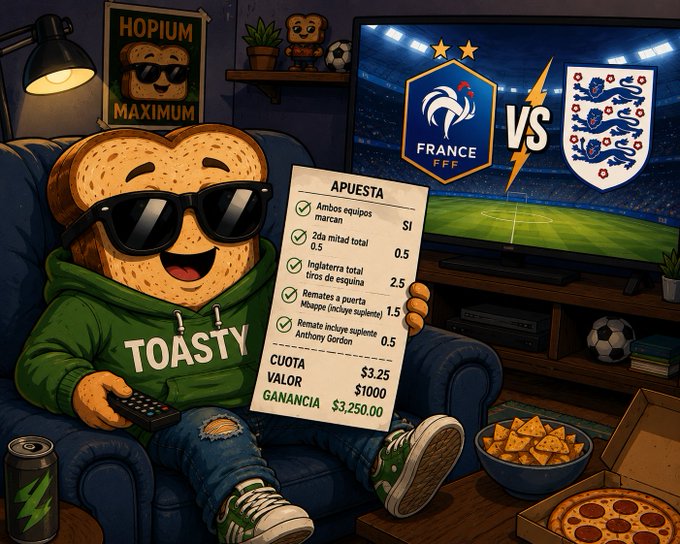 A toasted bread character wearing sunglasses and a "TOASTY" hoodie holds a betting slip for a France vs England football match while watching the game on TV, with the slip showing a $3.25 odds wager totaling a $3,250 potential payout. The image satirizes crypto trading culture, equating the gut-wrenching cycle of high-confidence bets and inevitable disappointment to sports betting losses with the hashtag #franceEngland.