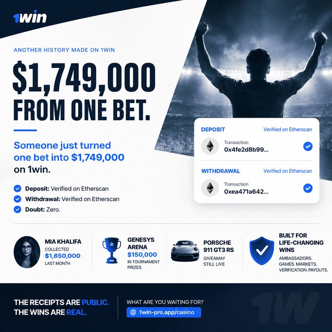 A promotional image for the gambling platform 1win announcing a $1,749,000 win from a single bet, featuring verified Etherscan deposit and withdrawal transactions, alongside mentions of Mia Khalifa's $1,650,000 payout and other prizes like a Porsche 911 GT3 RS and Genesys Arena tournament prizes.