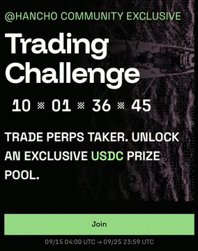 A promotional graphic for a Hancho Community Exclusive 'Trading Challenge' offering a USDC prize pool, with the code '10 × 01 × 36 × 45' and a green 'Join' button.