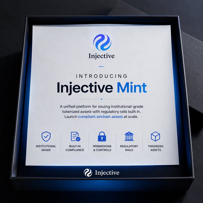 A framed Injective promotional card introducing 'Injective Mint,' a unified platform for issuing institutional-grade tokenized assets with built-in regulatory compliance.