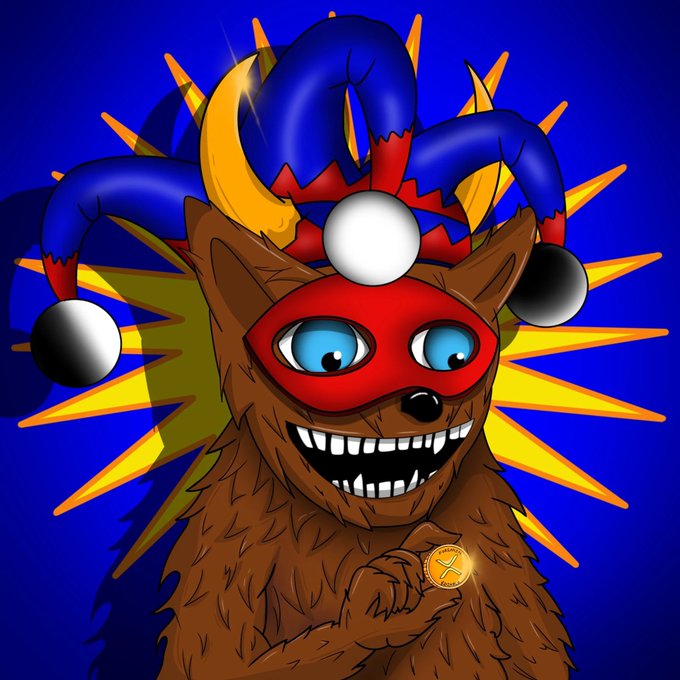 A fierce jester bear wearing a red mask and golden horned crown holds an XRP coin, visually matching the bullish XRP community post celebrating a 5-day streak for $XRP.