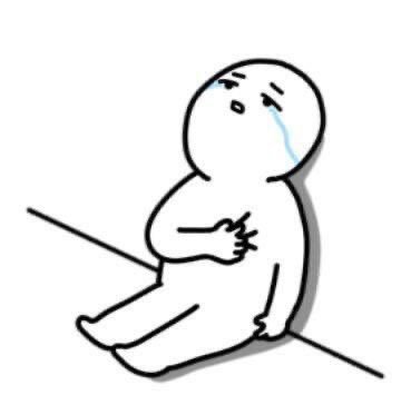 A simple black-and-white cartoon drawing depicts a round-headed figure sitting and crying, with a single tear rolling down its face.