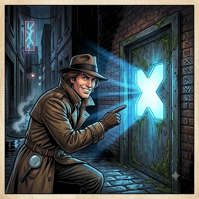 A detective in a trench coat and fedora smirks as he points toward a glowing "X" symbol on a moss-covered door, with a neon "X" sign visible down the alley. The cryptic detective imagery plays on the post's theme of sleuthing out a hidden alpha strategy—wrapping $TSLA shares in a tokenized shell ("X" likely representing a token symbol) to capture 3% extra yield while Wall Street sleeps, with the mysterious door hinting at the clandestine, TradFi-bypassing nature of the trade.