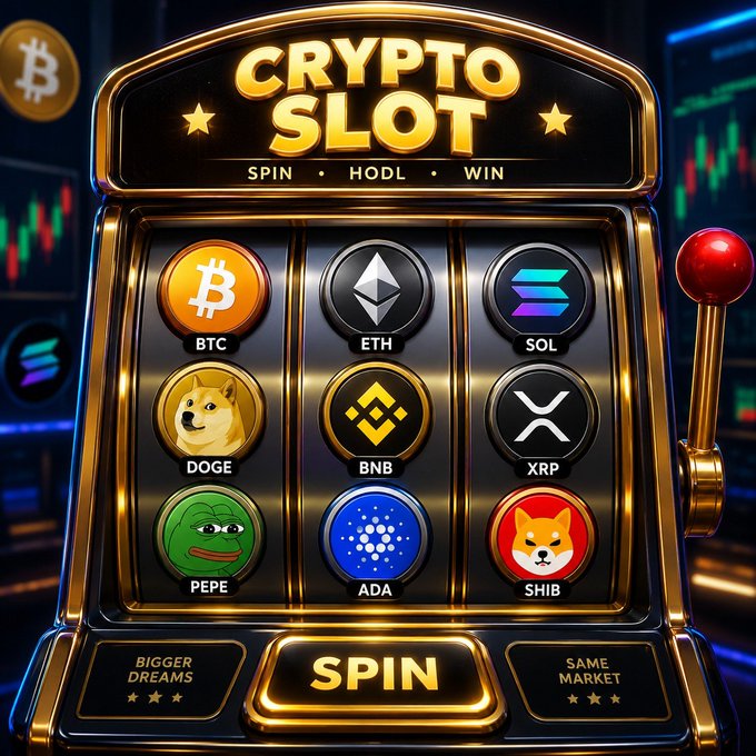 A digital slot machine labeled 'CRYPTO SLOT' with 'SPIN • HODL • WIN' text, featuring cryptocurrency tokens including BTC, ETH, SOL, DOGE, BNB, XRP, PEPE, ADA, and SHIB, with a 'SPIN' button and 'BIGGER DREAMS' and 'SAME MARKET' labels.