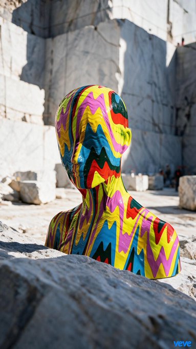 A colorful, abstract sculpture of a human figure and bust covered in wavy patterns of yellow, pink, blue, and black, displayed in a marble quarry with the 'veve' watermark.