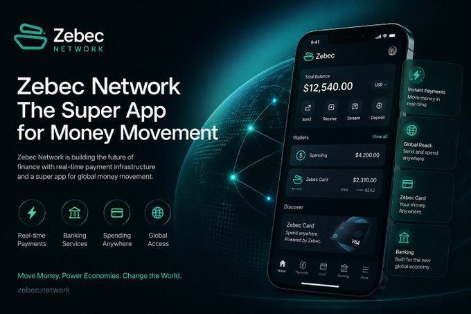 The image features a smartphone displaying an app called "Zebec Network" with a globe background, which suggests that the app is related to global finance or payments. The app's title reads "The future of money movement". Below the main phone screen, there are several icons representing different aspects of the app, such as "Real time payments", "Payroll", and "Digital finance". These icons indicate various features and functionalities offered by the app for users to manage their finances or make transactions. The overall design and layout of the app suggest that it is a user-friendly platform designed to streamline financial processes and provide seamless experiences across different countries, making it accessible to people worldwide.