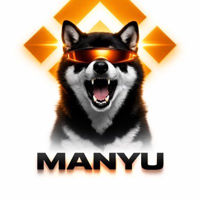 The image features a dog with its mouth open, wearing sunglasses that are orange and black. The dog's eyes are wide open as well. The background of the image has a white square with an orange diamond shape at the center. The text "MANYU" is written in black letters below the dog's head.