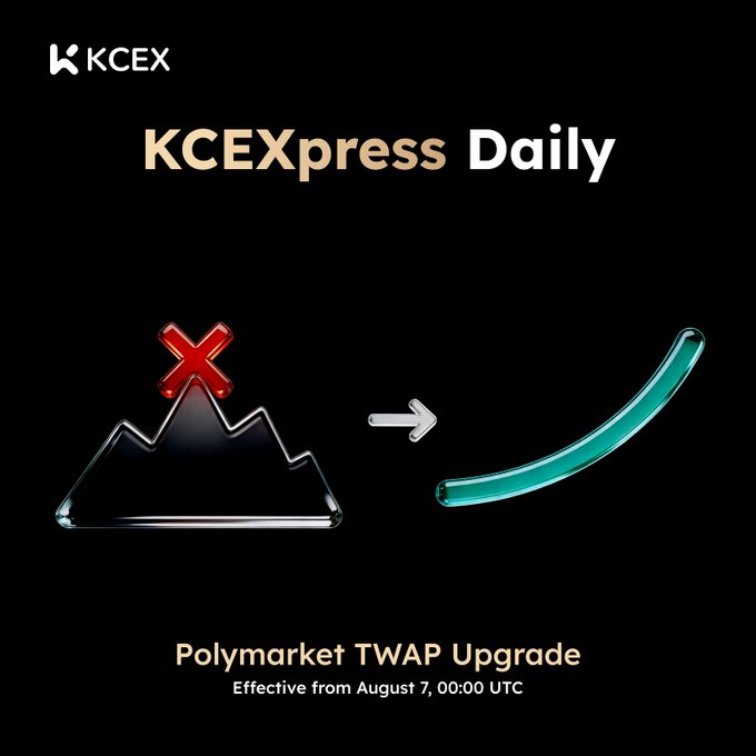 A promotional graphic for KCEX titled 'KCExpress Daily' announces a 'Polymarket TWAP Upgrade' effective August 7, 00:00 UTC, featuring a red 'X' over a line graph pointing to a green upward curve.