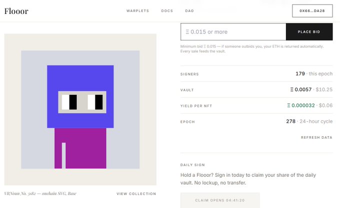 A webpage for 'FLOOR' NFT platform displaying a pixel art character, with tabs for Warplets, Docs, and DAO, showing a vault of Ξ 0.0057 and a yield per NFT of Ξ 0.000032.