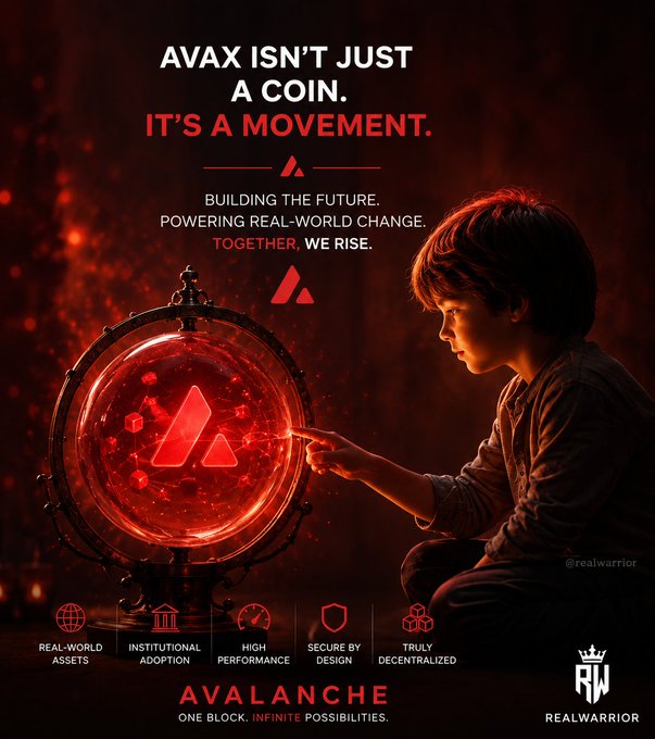 Avalanche (AVAX) promotional poster with the text 'AVAX ISN'T JUST A COIN. IT'S A MOVEMENT' showing a child touching a glowing red Avalanche logo orb, tagged @realwarrior.