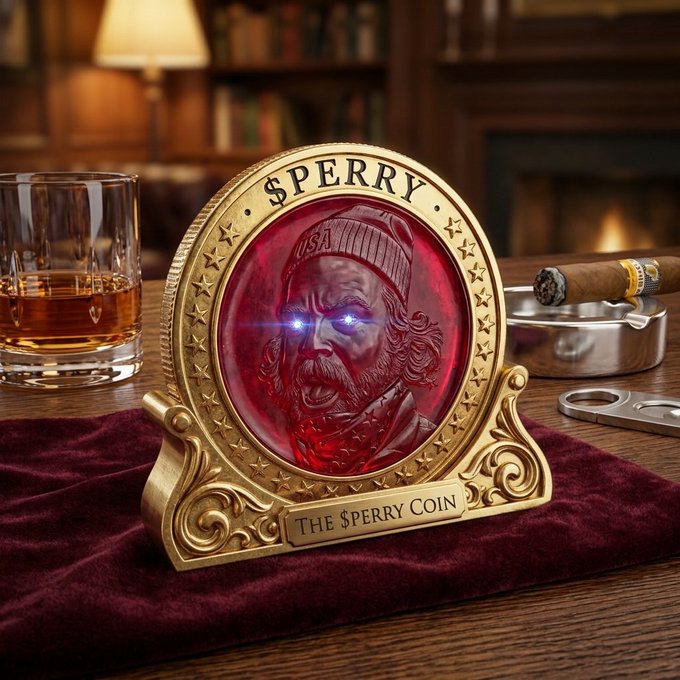 A gold "$PERRY Coin" medallion featuring a bearded man with glowing blue eyes sits on a burgundy cloth, flanked by a glass of whiskey, an ashtray with a cigar, and a lighter in a richly appointed study. The image visually embodies the post's playful declaration that "The $perry coin is very sexy!" by presenting the coin as a luxurious, masculine display piece.