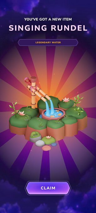 A mobile game rewards screen announcing 'YOU'VE GOT A NEW ITEM: SINGING RUNDEL' classified as a 'LEGENDARY WATER' with a 'CLAIM' button.