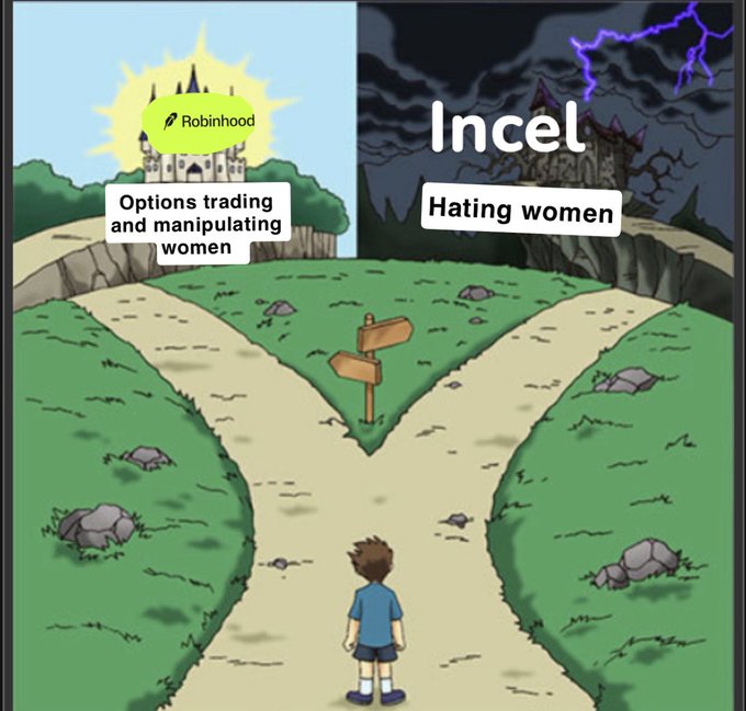 The image is a "two paths" meme showing a person at a crossroads, with the left path leading to a sunny castle labeled "Robinhood - Options trading and manipulating women," and the right path leading to a dark, stormy castle labeled "Incel - Hating women."

**Note on the caption's accuracy:** The post's caption ("Men in crypto after their first use of butt plug") does not actually relate to the image's content. The meme is making a tongue-in-cheek comparison between two negative archetypes often mocked in online/finance culture—predatory options traders versus incels—not referencing anything about butt plugs or crypto specifically.