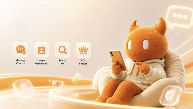 A 3D rendered character with horns using a smartphone, surrounded by feature icons including 'Message Control', 'Unique Usernames', 'Search Fix', and 'KOL Feature' on a warm orange background.