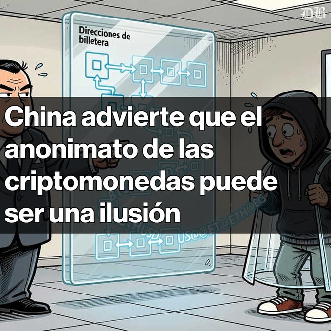 A cartoon illustration with Spanish text reading "China advierte que el anonimato de las criptomonedas puede ser una ilusión," showing a businessman pointing at a wallet diagram while a worried hooded figure looks on.