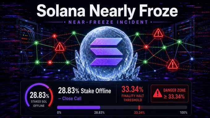 An infographic titled 'Solana Nearly Froze - Near-Freeze Incident' showing a frozen Solana logo globe with 28.83% stake offline and a 33.34% finality halt threshold danger zone.