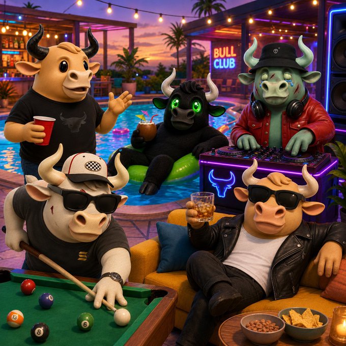 A vibrant, cartoonish scene of anthropomorphic bulls partying at a poolside 'Bull Club,' with one playing pool, another DJing, and others drinking.