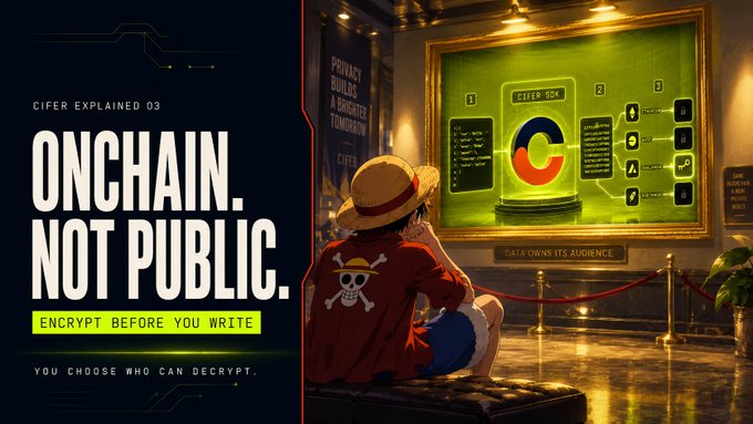 A promotional graphic for Cifer Explained 03 features the bold headline "ONCHAIN. NOT PUBLIC." alongside a One Piece-inspired character wearing a straw hat sitting in a museum-like setting with a glowing "CIFER SDK" display showing encryption icons and the tagline "DATA OWNS ITS AUDIENCE." Subtext reads "ENCRYPT BEFORE YOU WRITE" and "YOU CHOOSE WHO CAN DECRYPT," visually reinforcing the post's message that Cifer SDK enables EVM apps to encrypt onchain data with selective decryption access for true privacy.