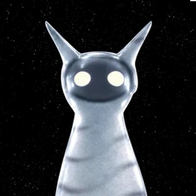 A 3D rendering of a small, translucent, ghost-like character with glowing white eyes and pointed ears against a starry black background.