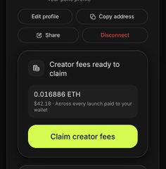 A dark-themed mobile interface shows a button panel with options to "Edit profile," "Copy address," "Share," and "Disconnect," followed by a creator fees section displaying "Creator fees ready to claim" with a balance of "0.016886 ETH" (~$42.23), where every launch is paid to the user's wallet. A prominent neon green "Claim creator fees" button is featured below, illustrating the success of the poster's "fafo" (fuck around and find out) method for claiming free crypto earnings from an older wallet.