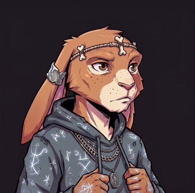 A digital illustration of an anthropomorphic rabbit character with droopy ears wearing a hoodie covered in white runic symbols, a chain necklace, and a headband adorned with bone charms.