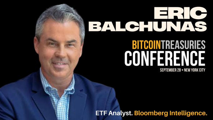 A professional headshot of Eric Balchunas, Bloomberg Intelligence ETF Analyst, featured alongside text confirming his speaking engagement at the Bitcoin Treasuries Conference on September 28 in New York City, which aligns with the announcement about his participation to discuss Bitcoin ETFs and corporate treasury holdings.