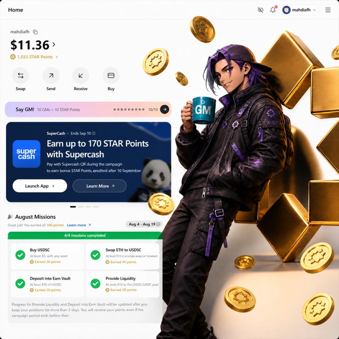 A screenshot of a cryptocurrency wallet interface for user 'mahdiafh' showing a balance of $11.36 and 1,033 STAR Points, featuring a 'SuperCash' campaign banner and an illustration of a purple-haired anime-style character in black leather holding a 'GM' mug next to gold coins.